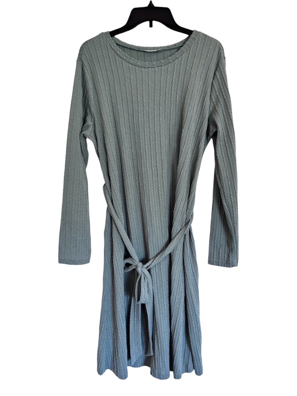 Ekouaer Sage Green Long Sleeve Cable Knit Dress Tie Waist Women’s Size Medium